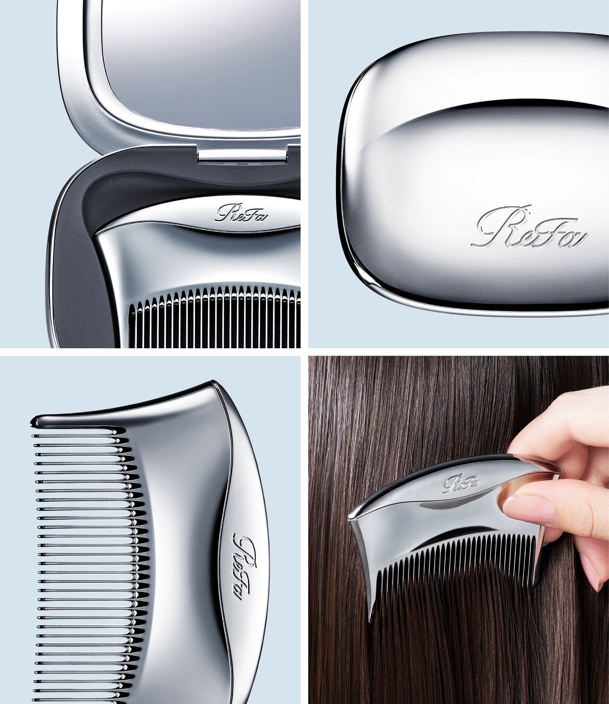 上品にきらめくコンパクトで、ツヤあふれる髪をどこででも。 ReFa