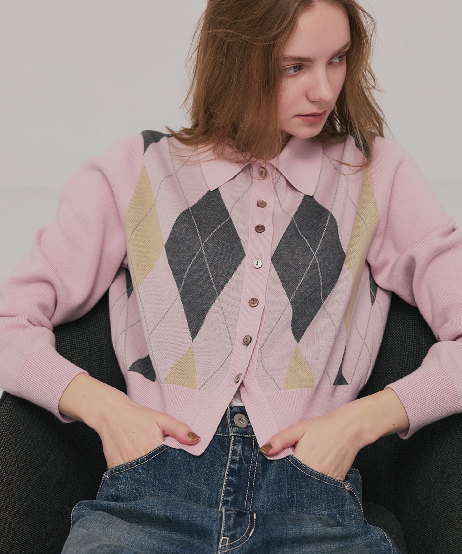 アーガイルショートカーディガン(FREE PINK): : ウィメンズ｜PUBLIC