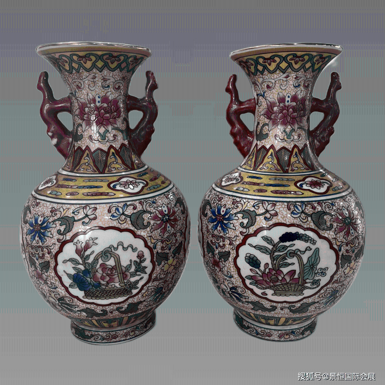 是中国传统制瓷的珍品：“大清乾隆年制”款粉彩开窗富贵缠枝牡丹纹双耳赏