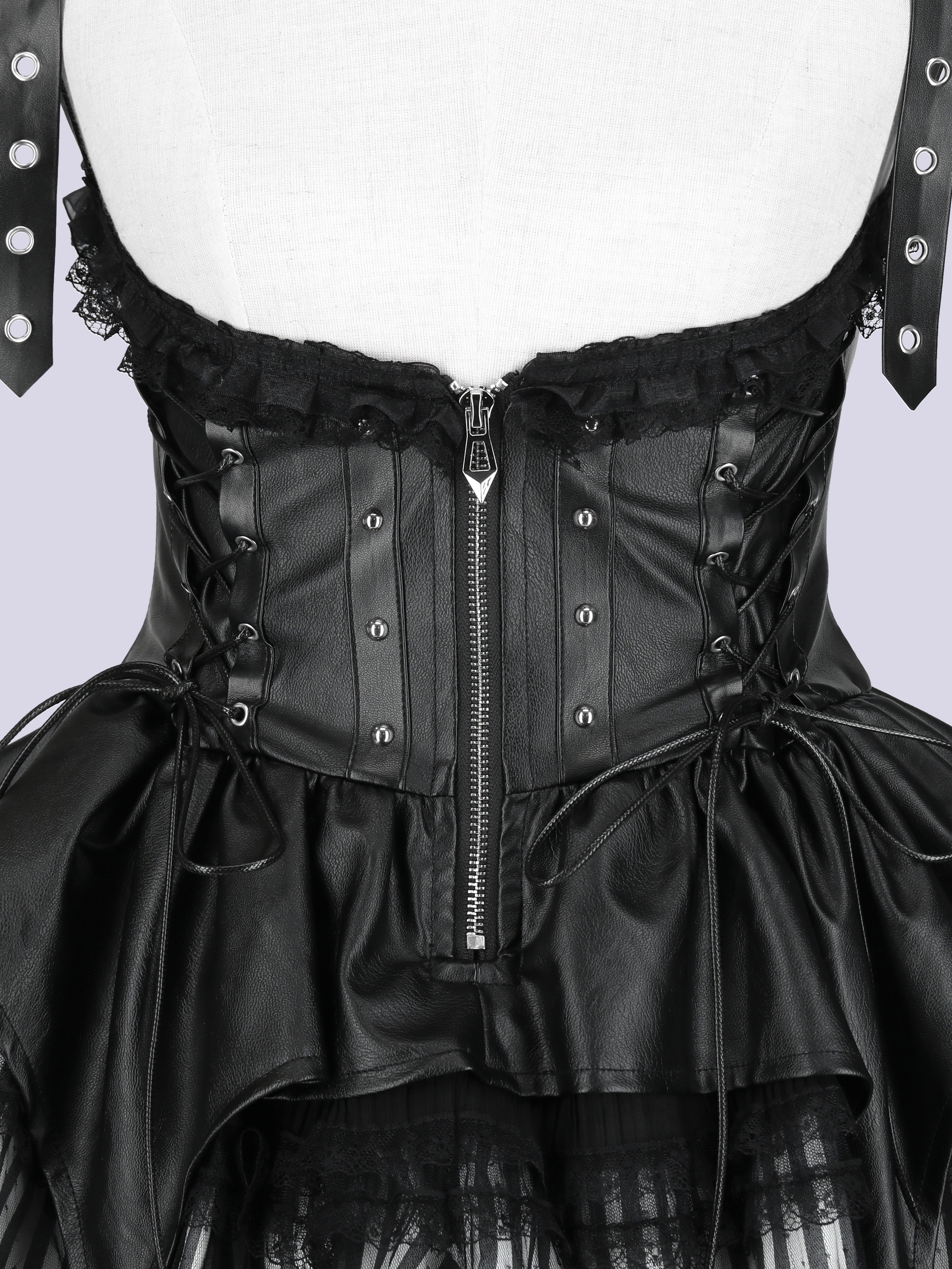 IMVAL / Lace Frill Leather Dress [STRIPE] - QOOZA