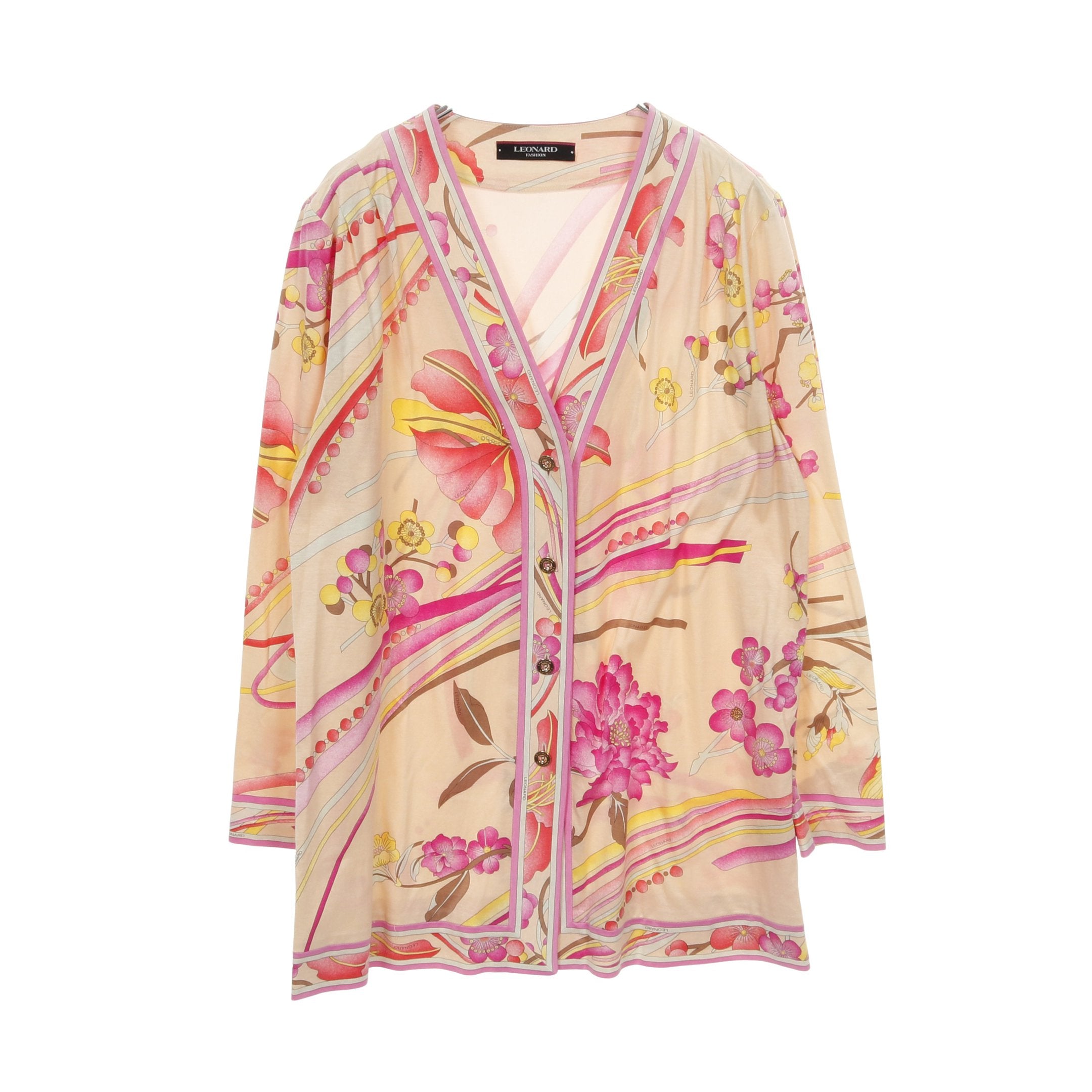 カーディガン 花柄 コットン ベージュ ピンクパープル マルチカラー