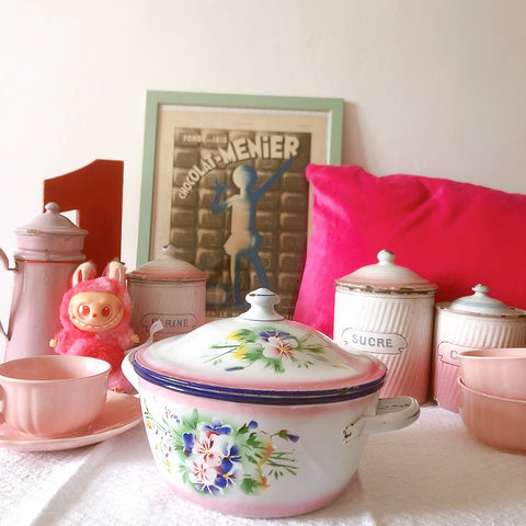 フランスJAPYジャピー社 アンティークホーロー両手鍋 ピンクローズ