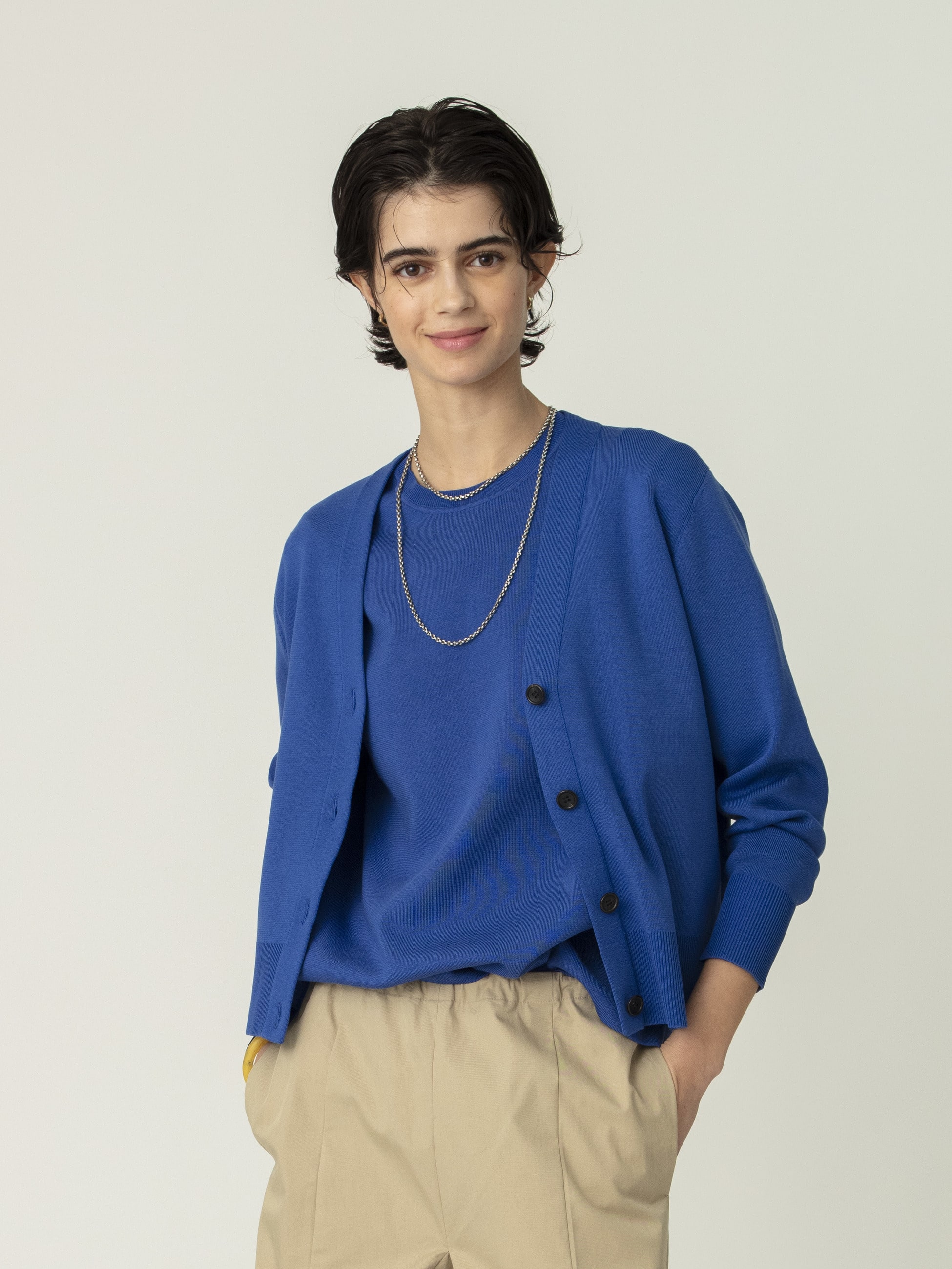 シルク コットン ハイゲージ ニット カーディガン（イエロー/ブルー