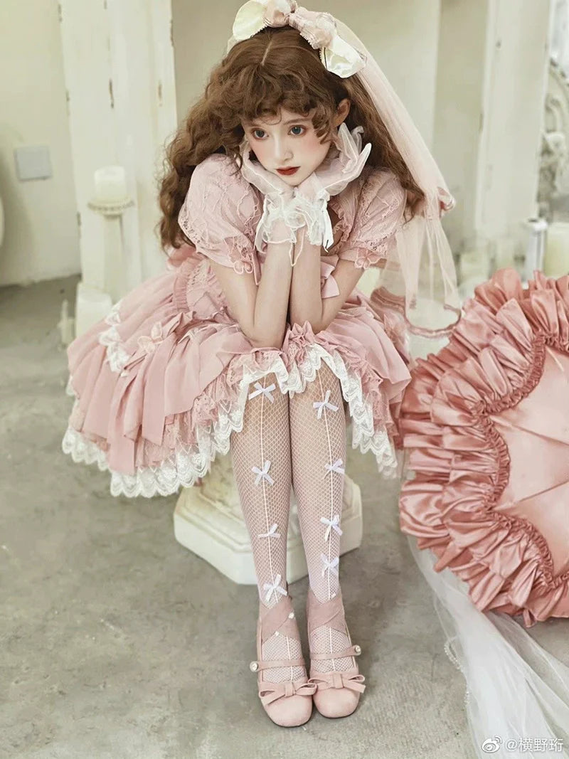 Baby Pink クロスリボンのコルセット風半袖ワンピース – ロリータ