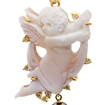 限定1本 K18YG 天使のカメオ パール ダイヤモンド ペンダントトップ