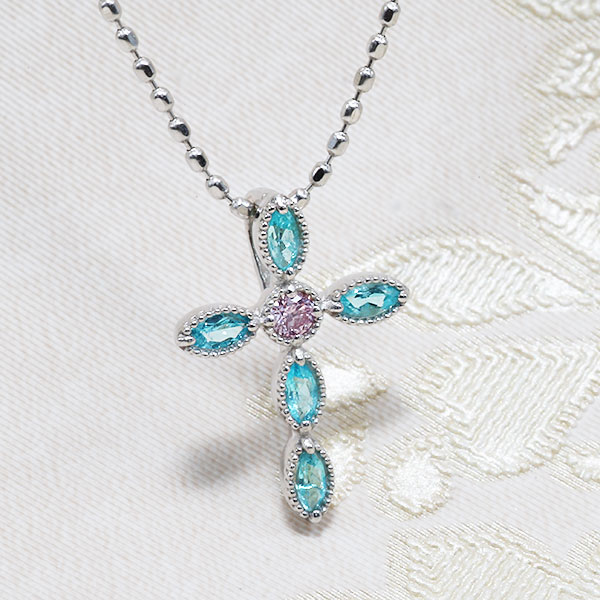 数量限定 パライバトルマリン×ピンクダイヤモンド クロスペンダント