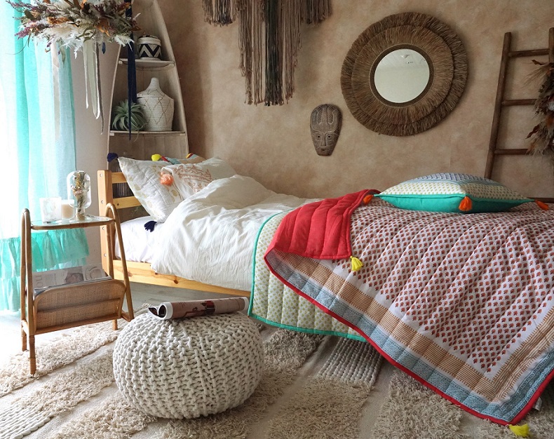 洗える！両面使えるキュートなブロックプリントキルト＜blockrosemary