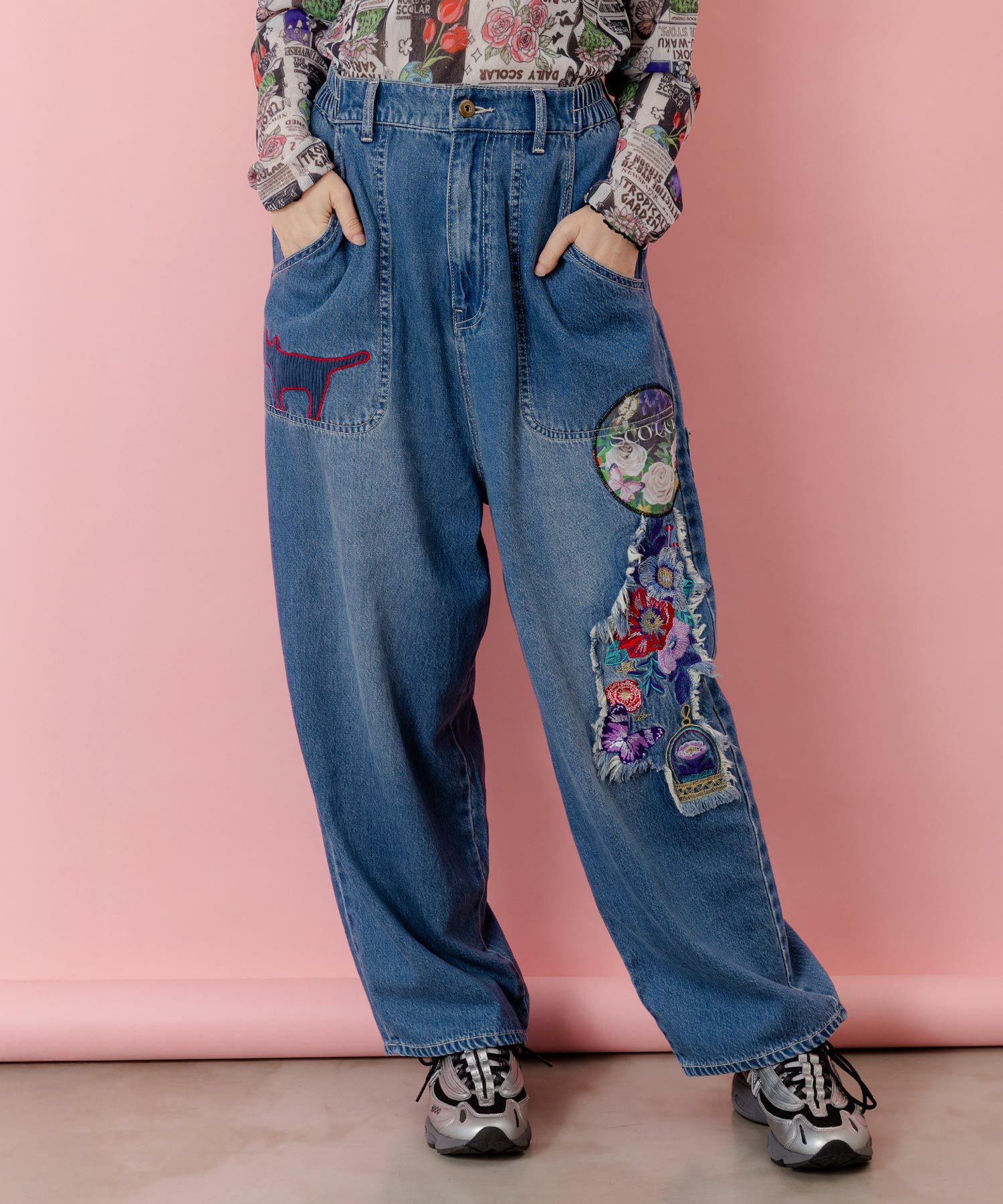 153602：刺繍デニムアップリケ プレミアムパンツの通販-ScoLar