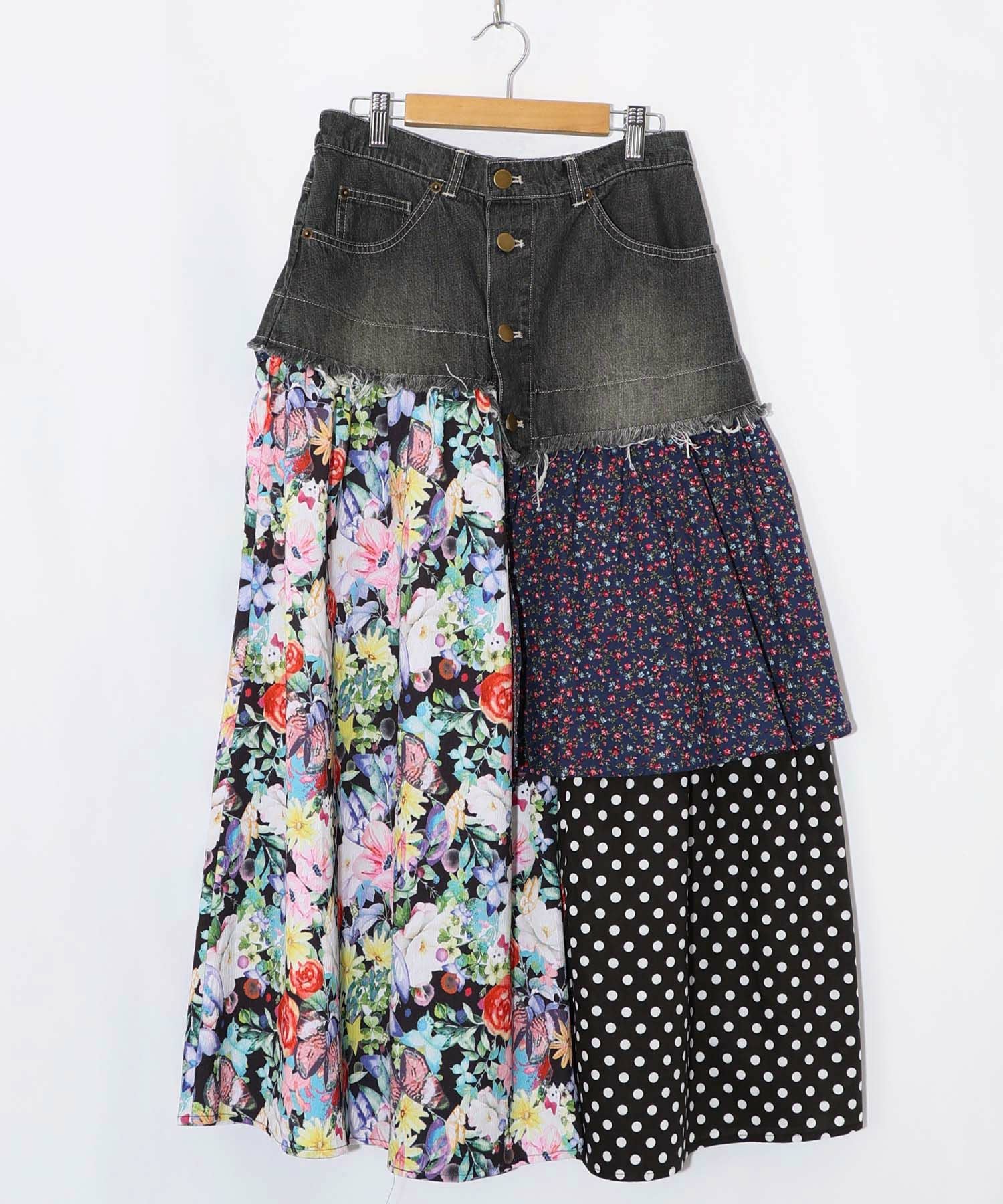161632：デニム×パッチワーク風 異素材切替2wayスカートの通販-ScoLar