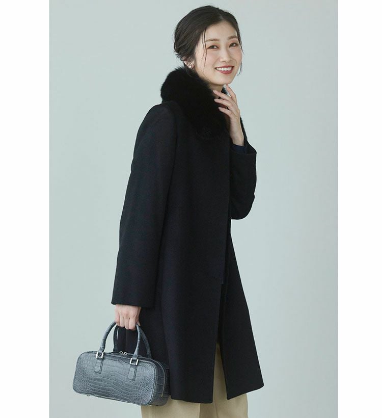 カシミヤ 100% コート レディース ファー 襟付き 比翼仕立て ミドル丈
