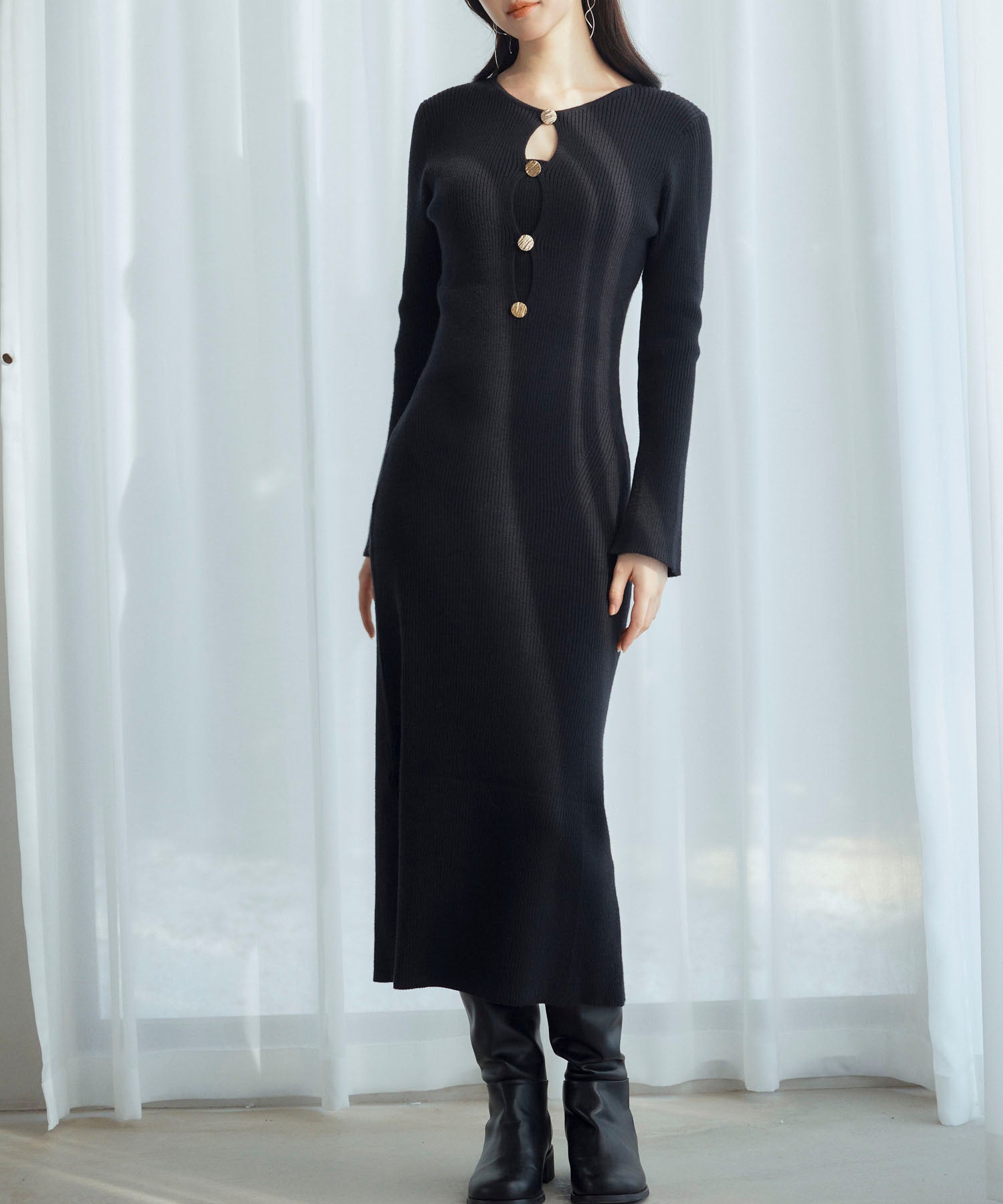 涙開き風ミモレ丈ニットワンピースsdpxyf3300 ブラック – [公式]SAISON