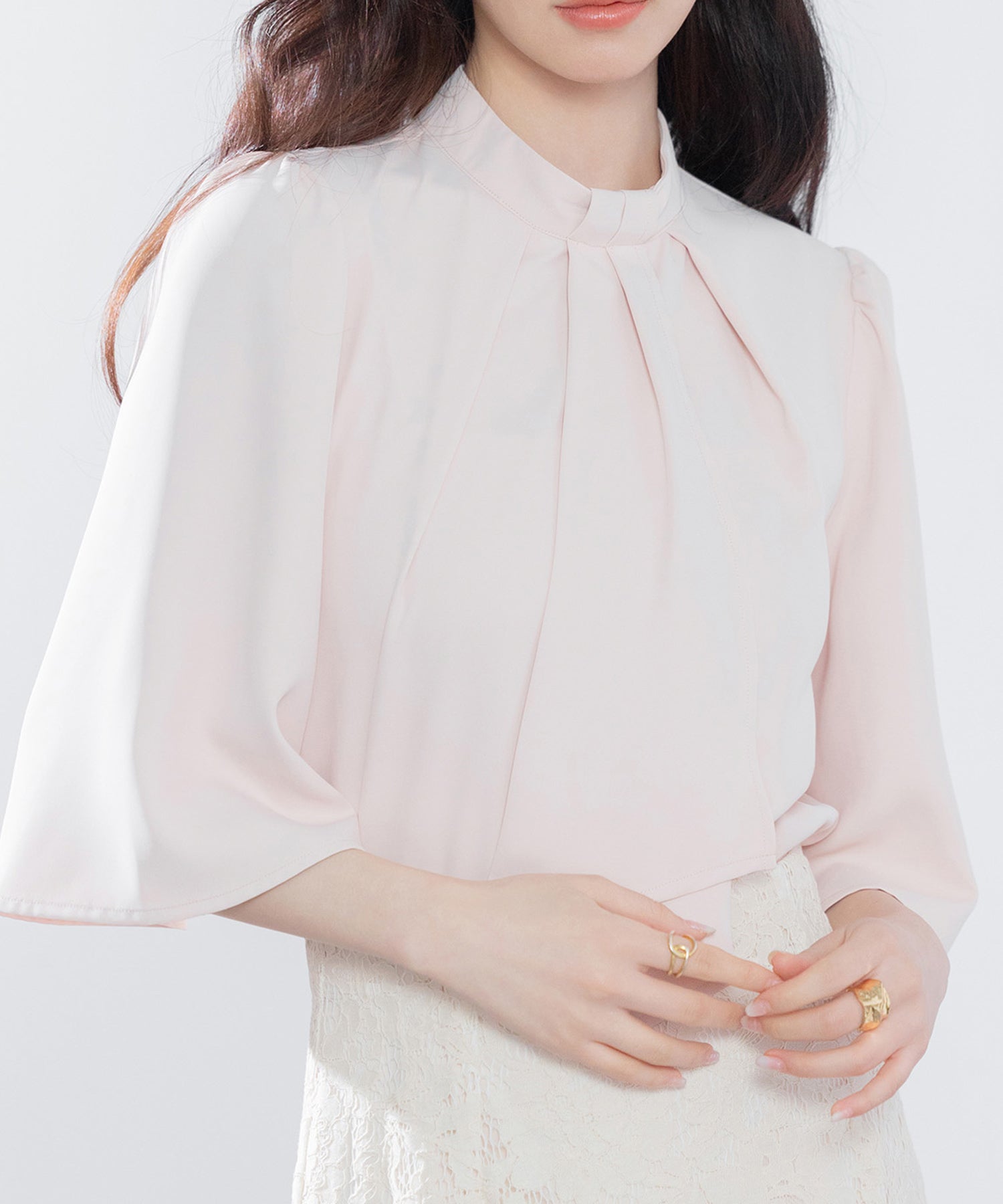 5分丈スリーブスタンドカラーブラウスsdp0199 ピンクベージュ – [公式