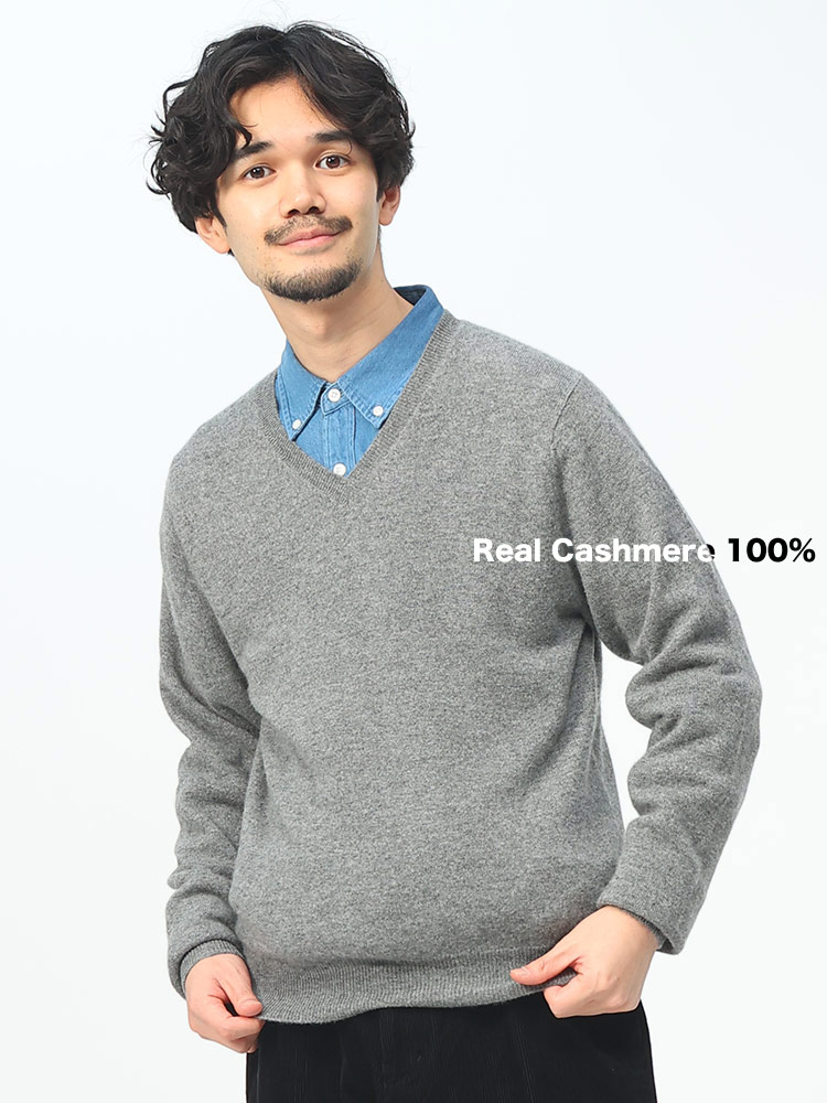 DESHENG (デシェン) カシミヤ100％ 12G 無地 Vネック セーター M L LL