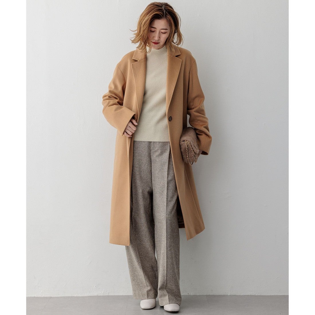 23区 ウールカシミヤビーバー チェスターコート （キャメル系） -靴