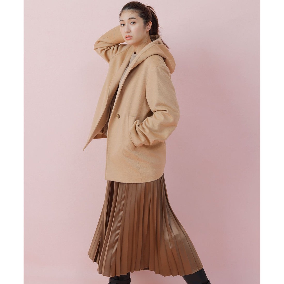 23区（大きいサイズ） ウールカシミヤビーバー フード付き ショート