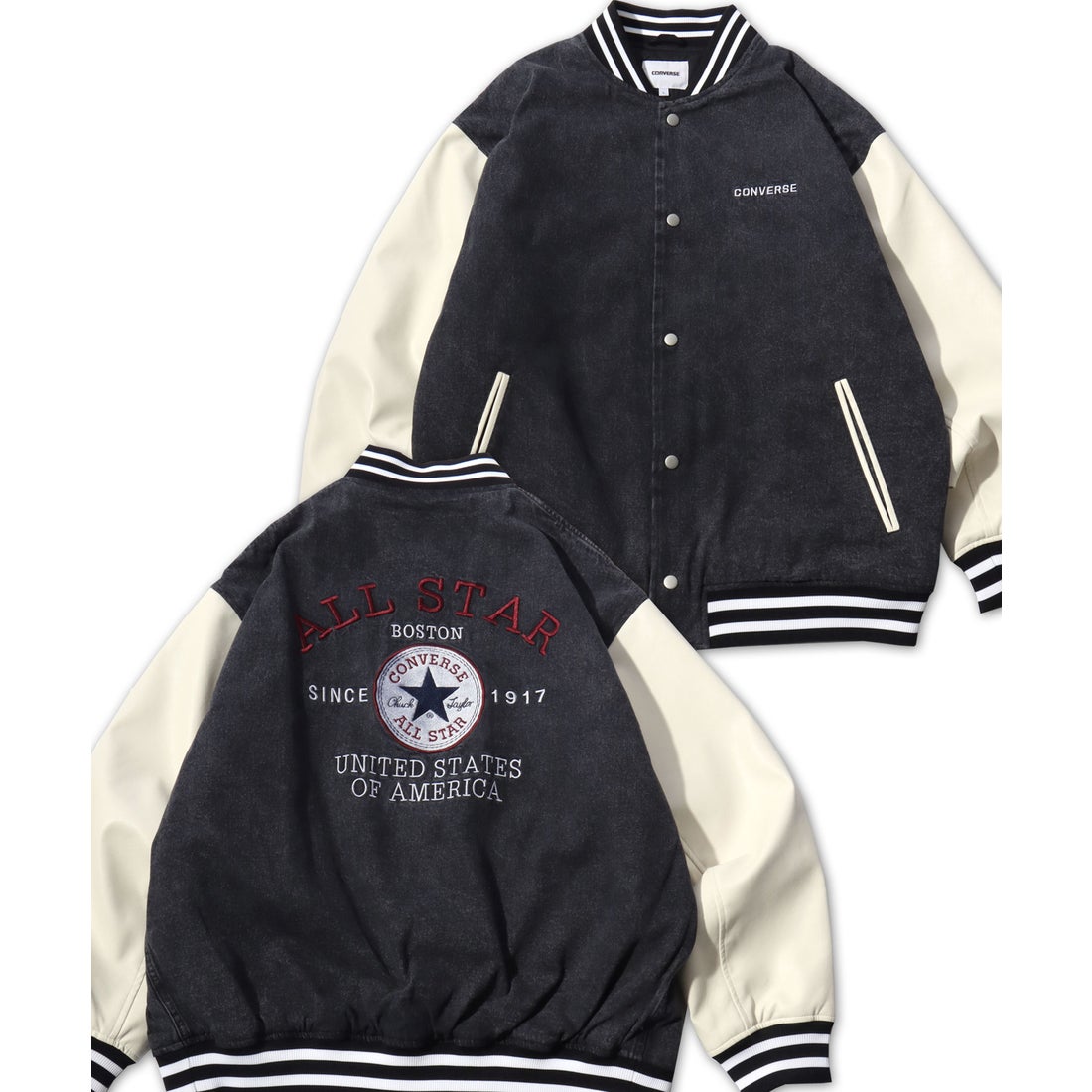 CONVERSE メルトンウール/デニム 袖フェイクレザー 切替 スタジャン
