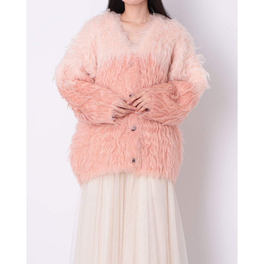 クラネ CLANE BI COLOR SHAGGY KNIT CARDIGAN （PINK） -ファッション