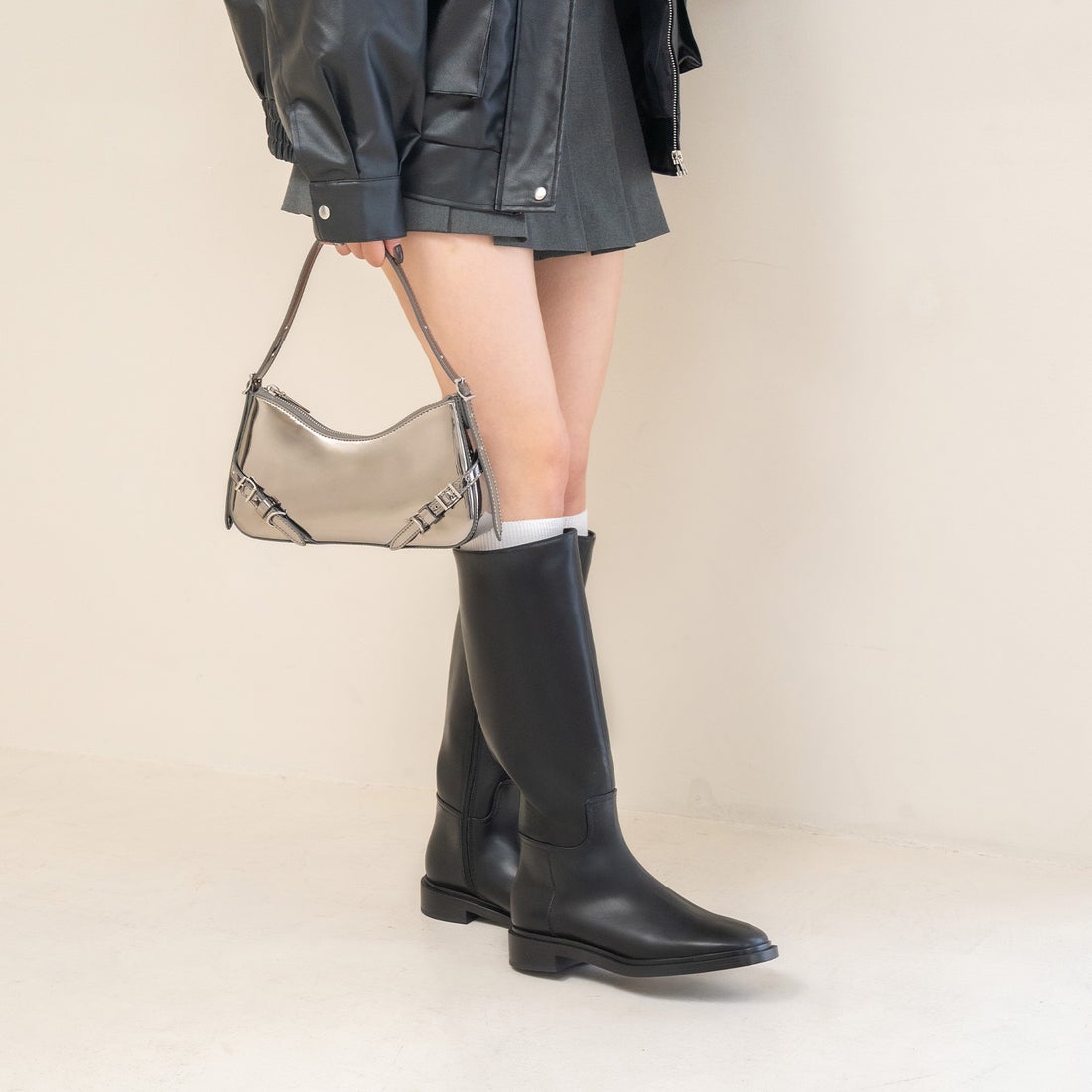 CHARLES & KEITH サイドジップ ロングライディングブーツ （Black