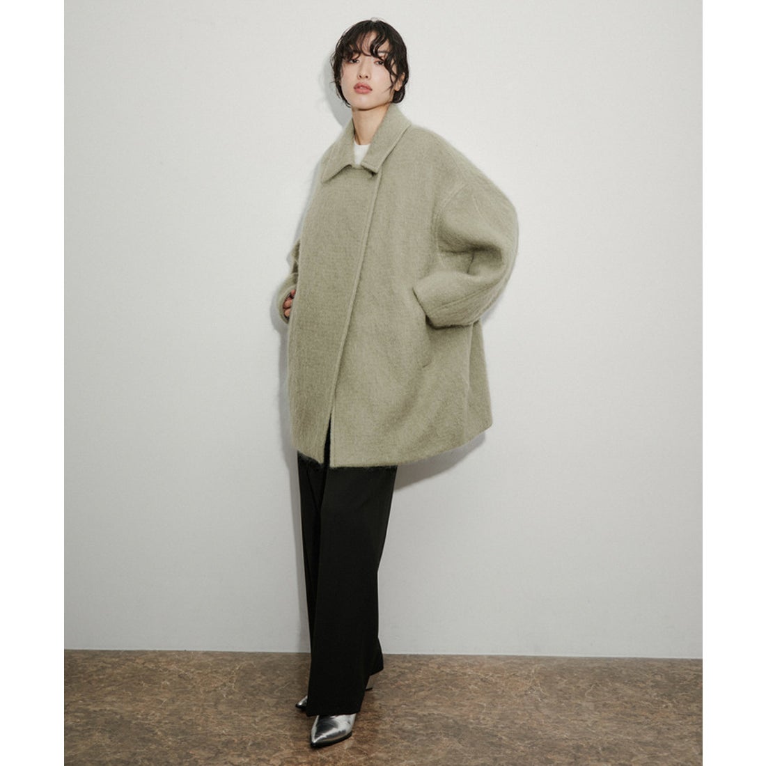 アダム エ ロペ ADAM ET ROPE' モヘヤシャギーミドルコート （カーキ系