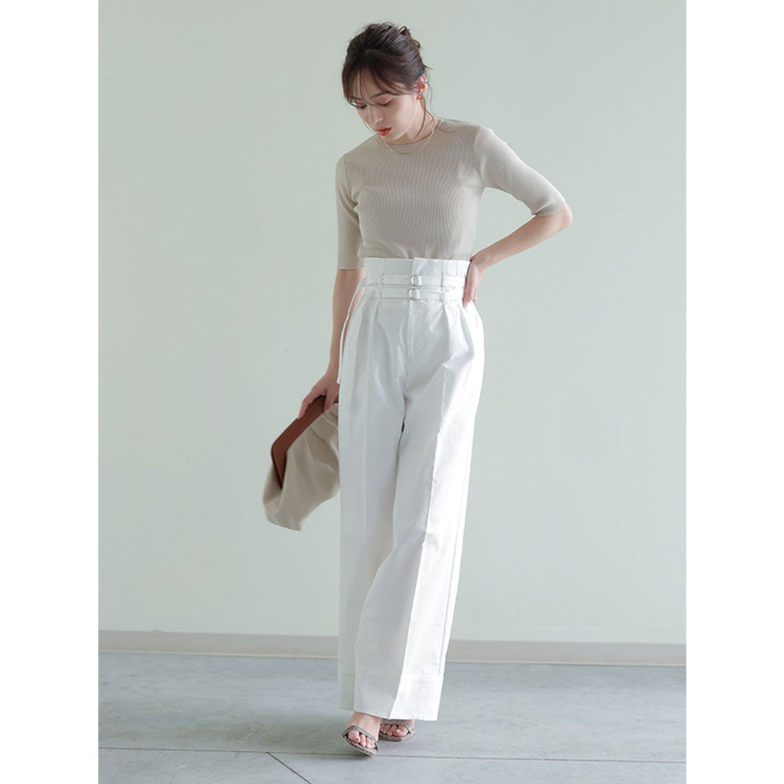 アニュアンス anuans ダブルベルトハイウエストワイドパンツ （WHITE