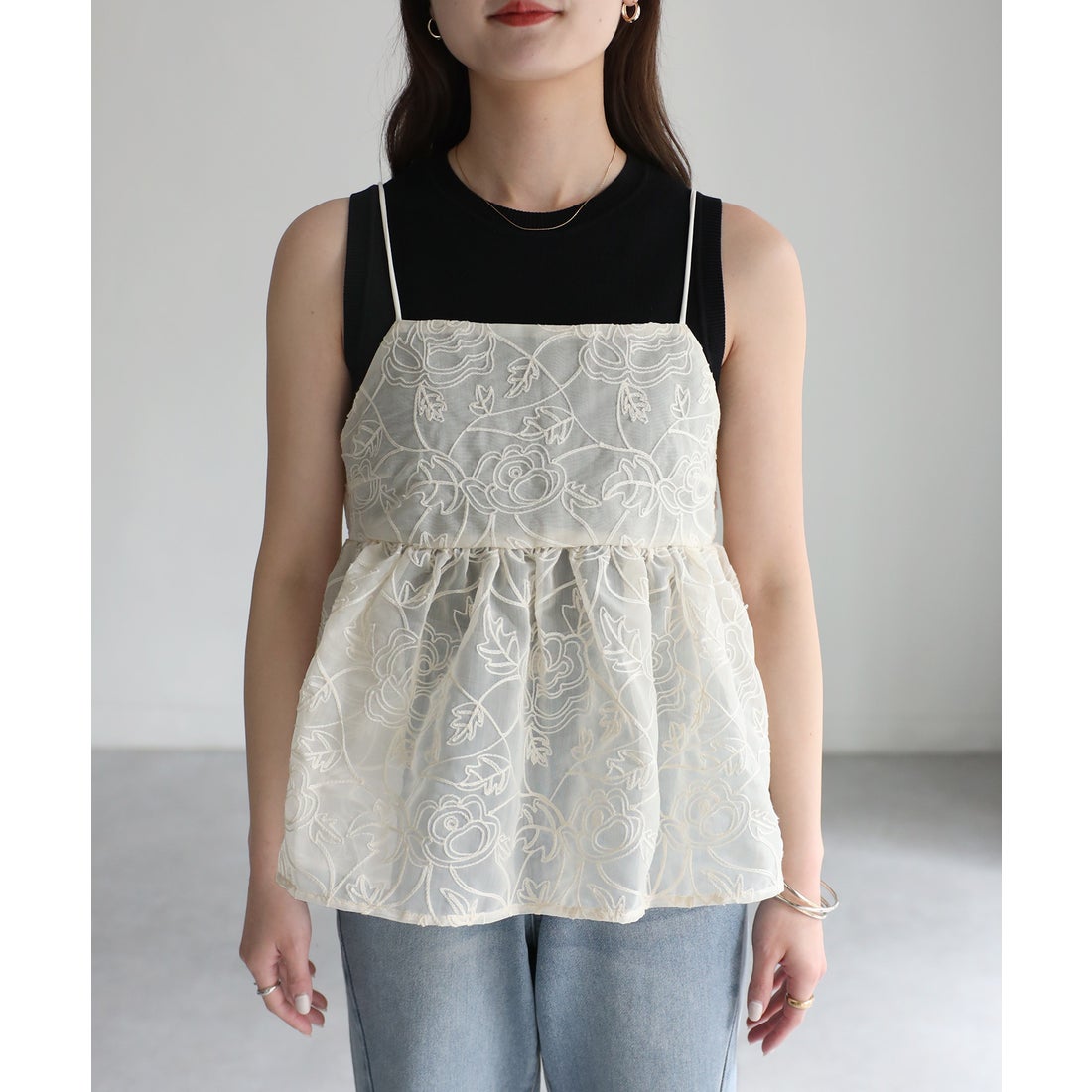 リベリー Riberry フラワー刺繍ペプラムシアーキャミソール/ビスチェ