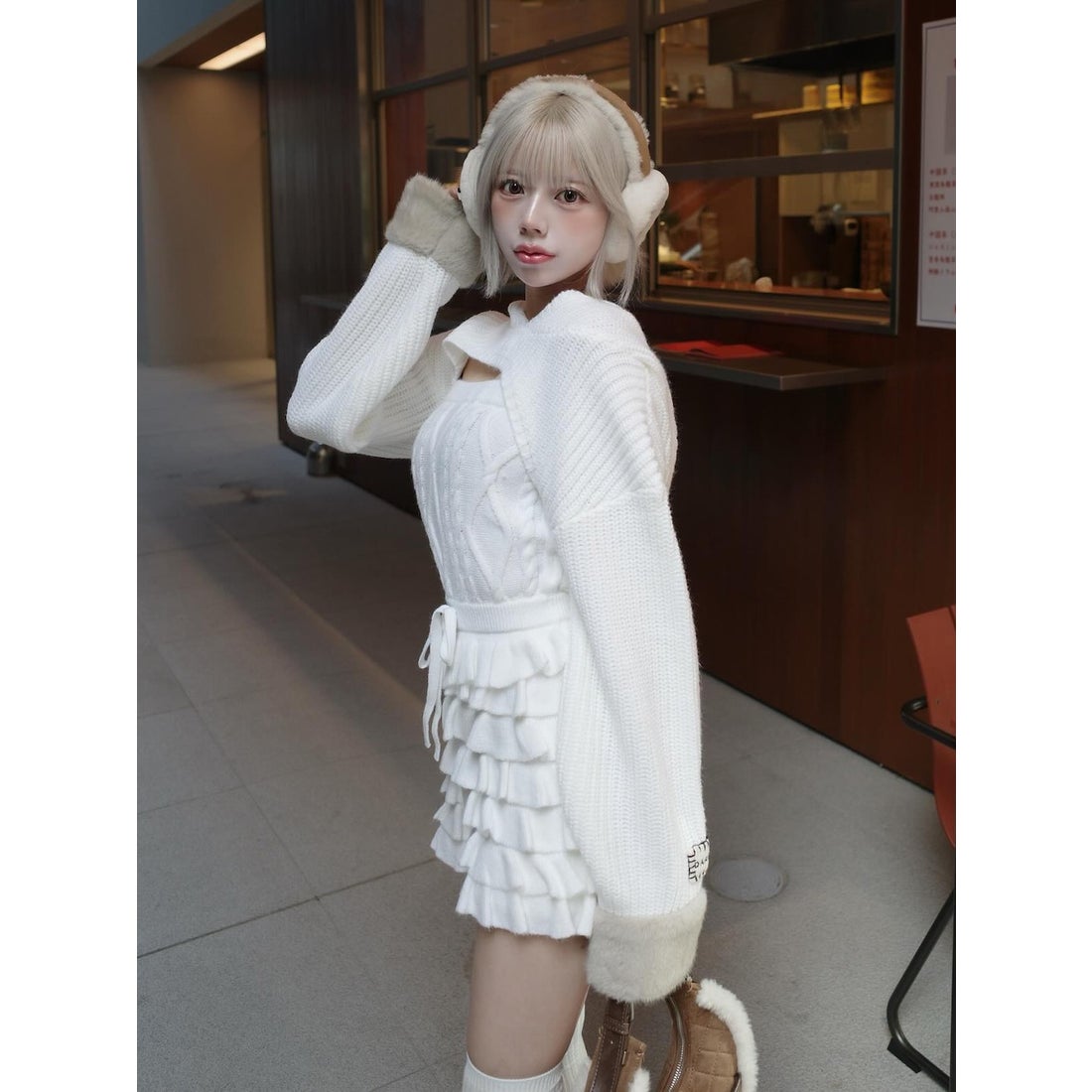 ダーリッチ Darich フリルニットコンビネゾン （ホワイト） -靴