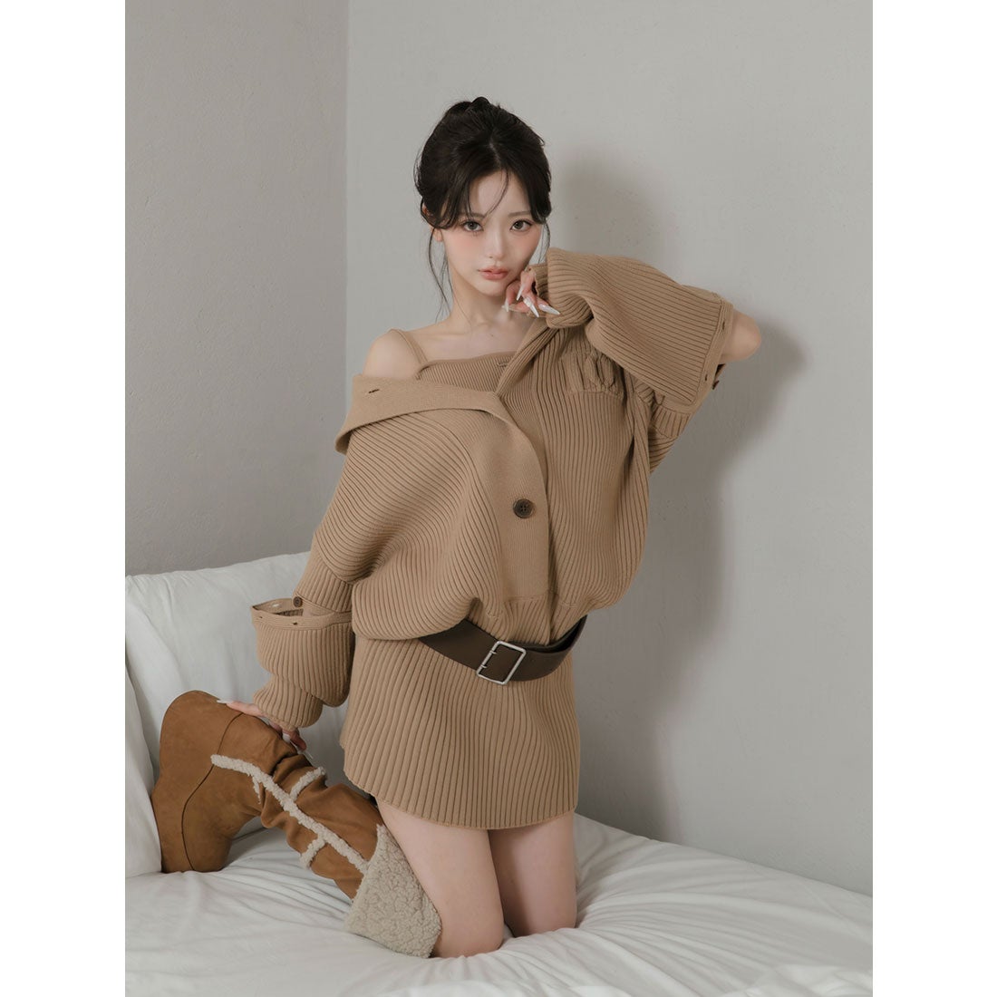 ダーリッチ Darich ローウエストデザインニットワンピース （モカ