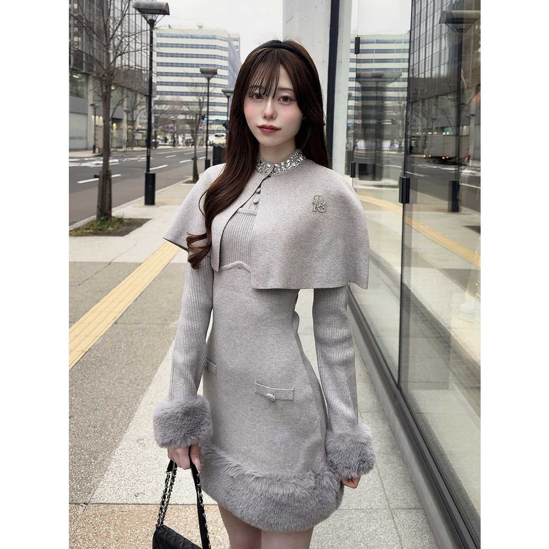 ダーリッチ Darich ビジューケープニットミニワンピース （グレー