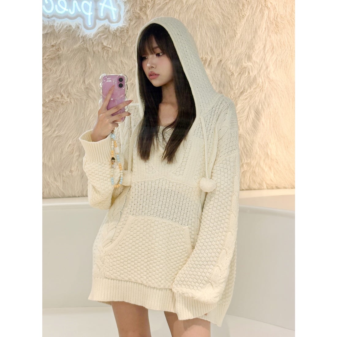 ダーリッチ Darich ケーブルDDロゴVネックニットフーディ （ベージュ