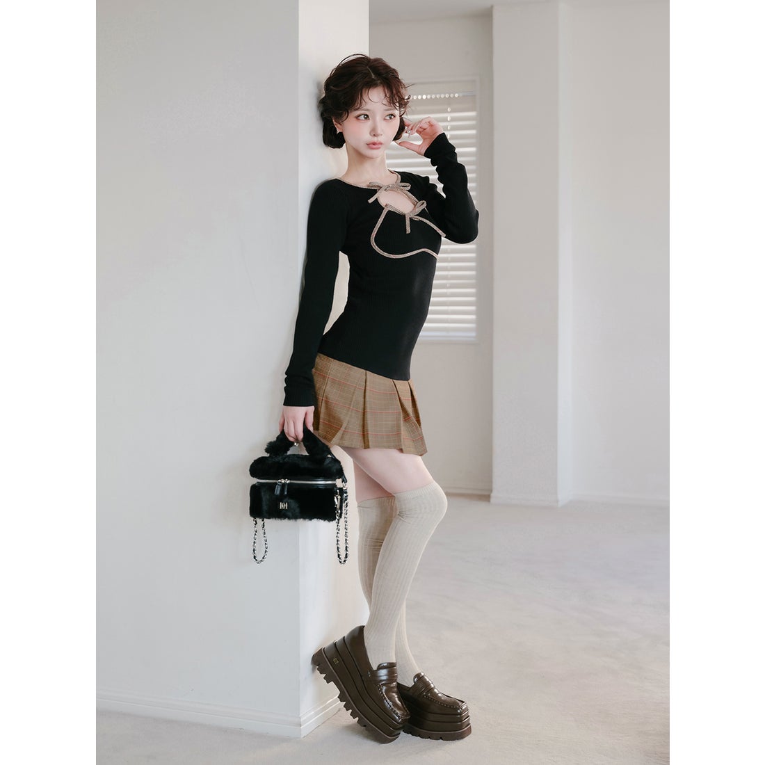 ダーリッチ Darich ポイントチェックニットミニワンピース （グレー