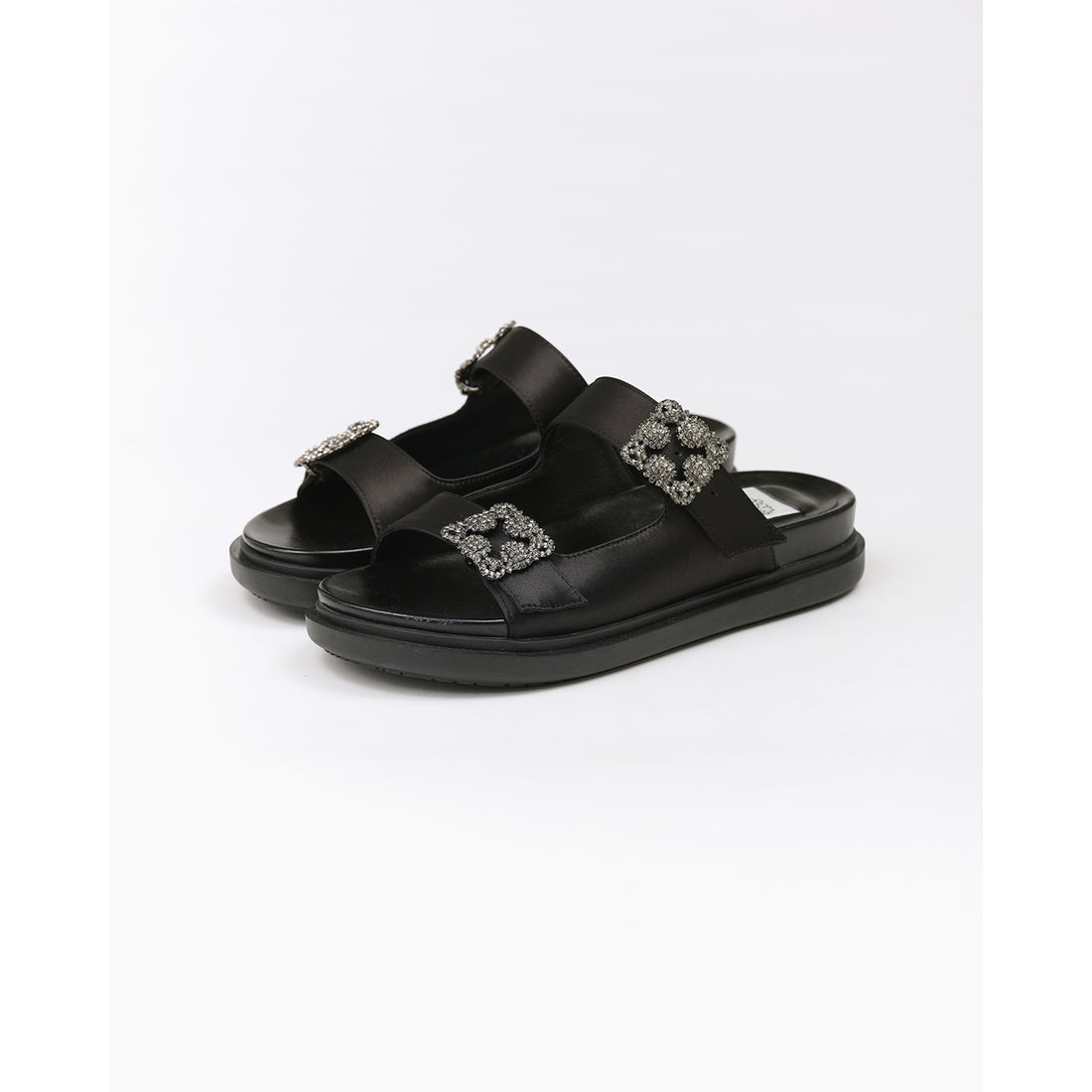 フラット ダブルベルトサンダル （ブラック サテン） -Emma Francis