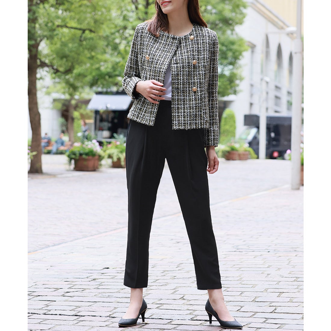 フロリア Flolia ツイードノーカラーダブルジャケット テーパード