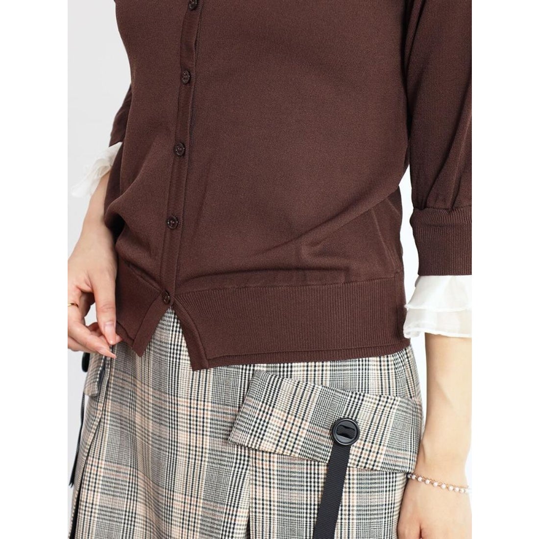 フェンネル FENNEL フリル付きポロ襟カーディガン （ブラック） -靴