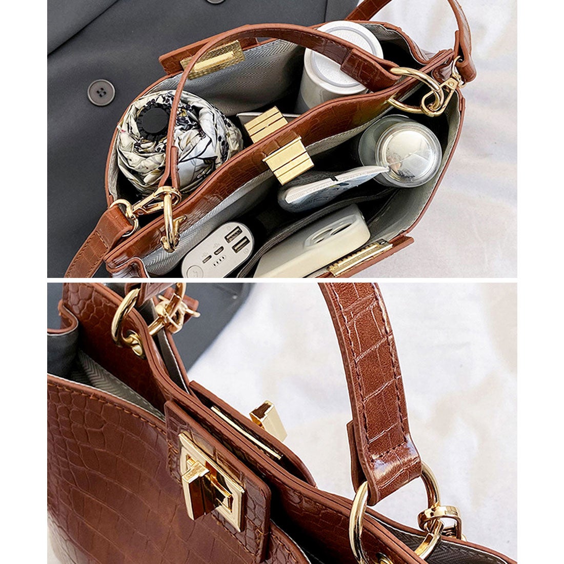 フロージュ florge 【2way】高見えクロコ柄レザーライクハンドバッグ