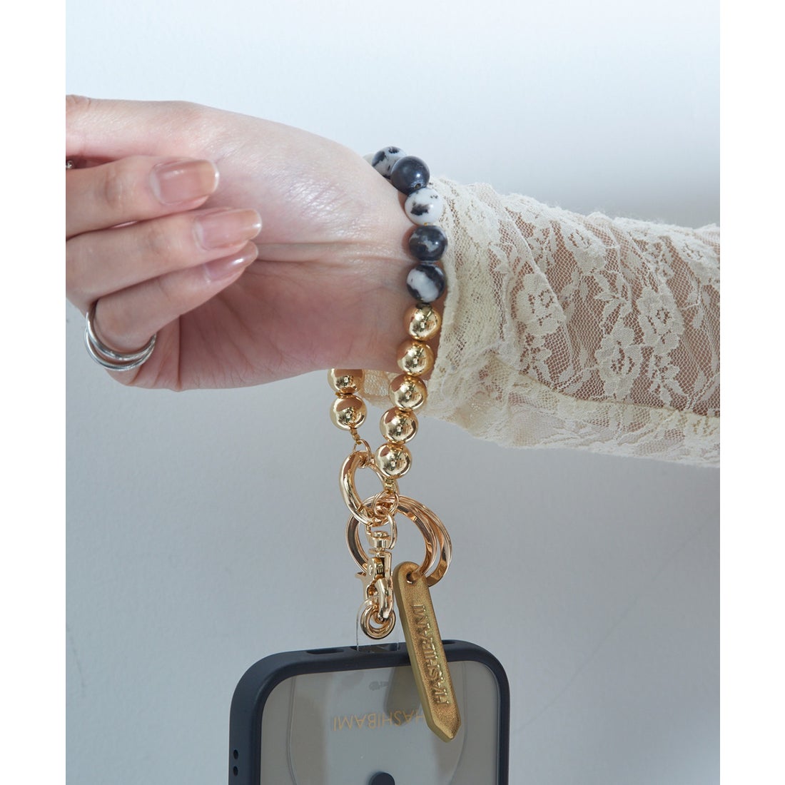 ハシバミ HASHIBAMI 大玉天然石 × レザー スマホハンドストラップ