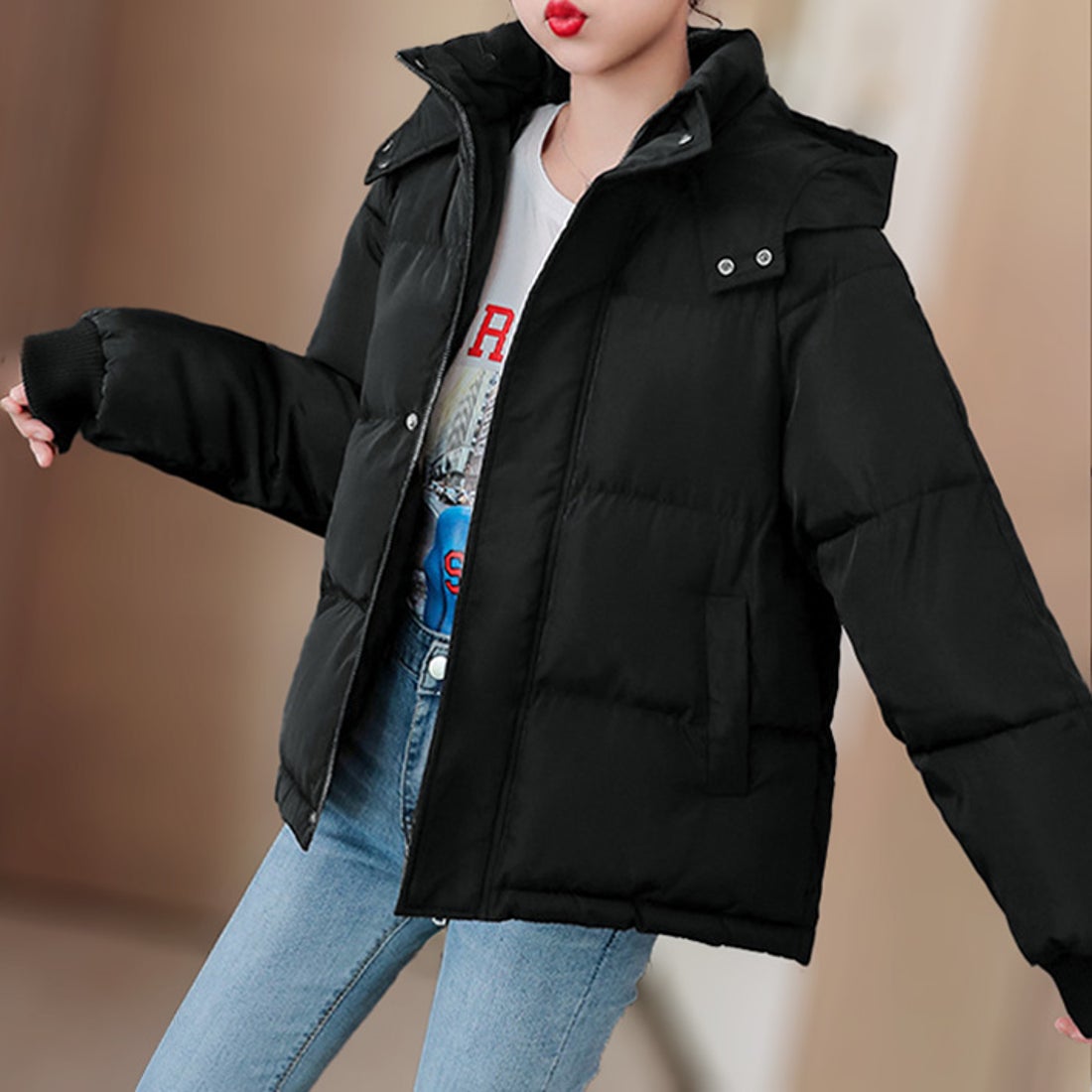 アイカ ica 軽量 暖かい ショート丈 フード付き フェイクダウン