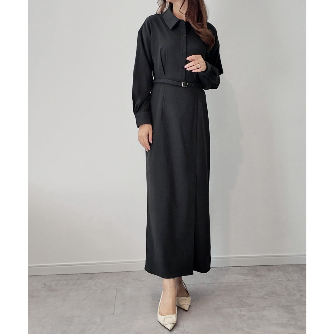 ジュノア JUNOAH 微起毛ウエストベルトシャツワンピース （チャコール