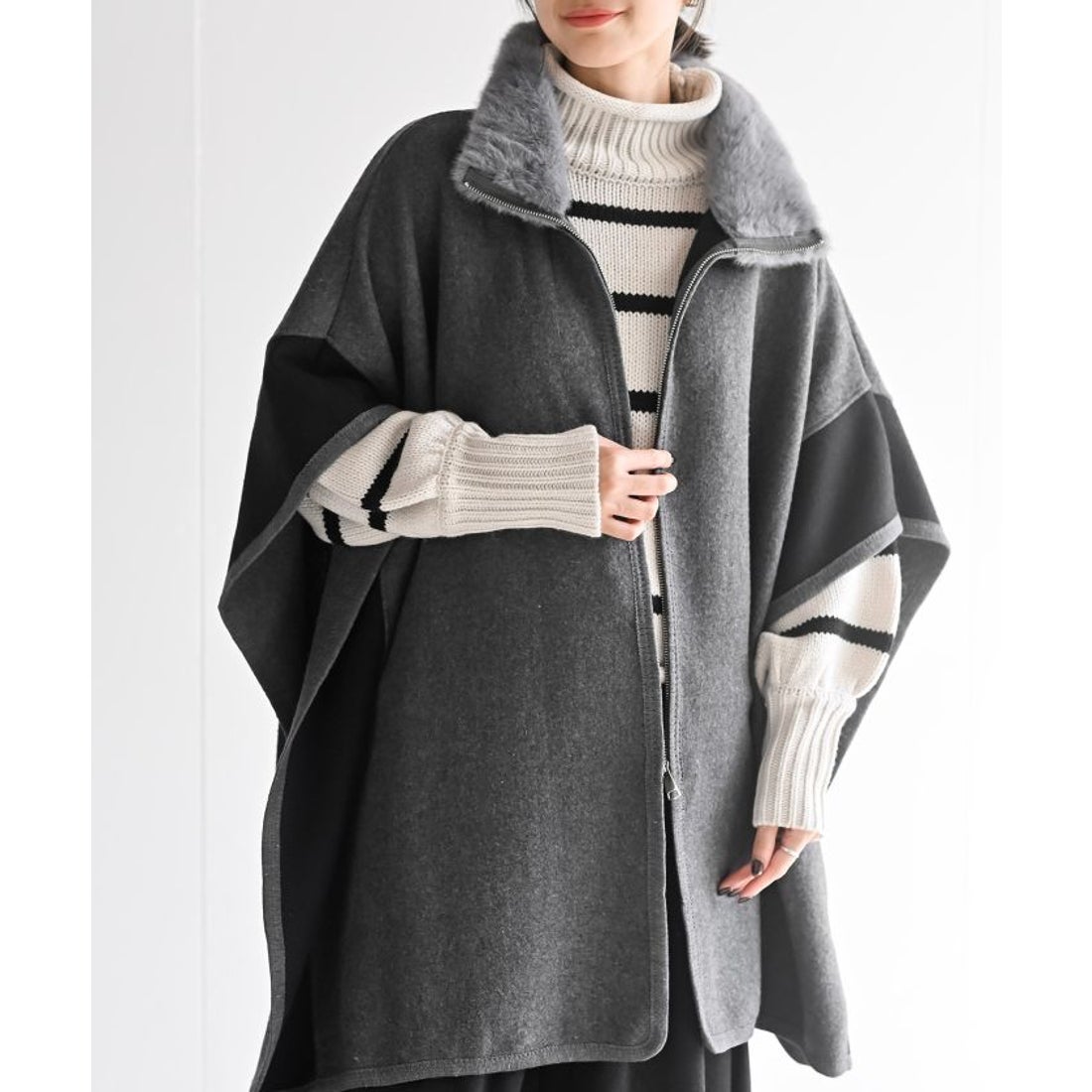 アールピーエス rps フェイクファーネック配色ポンチョコート （グレー