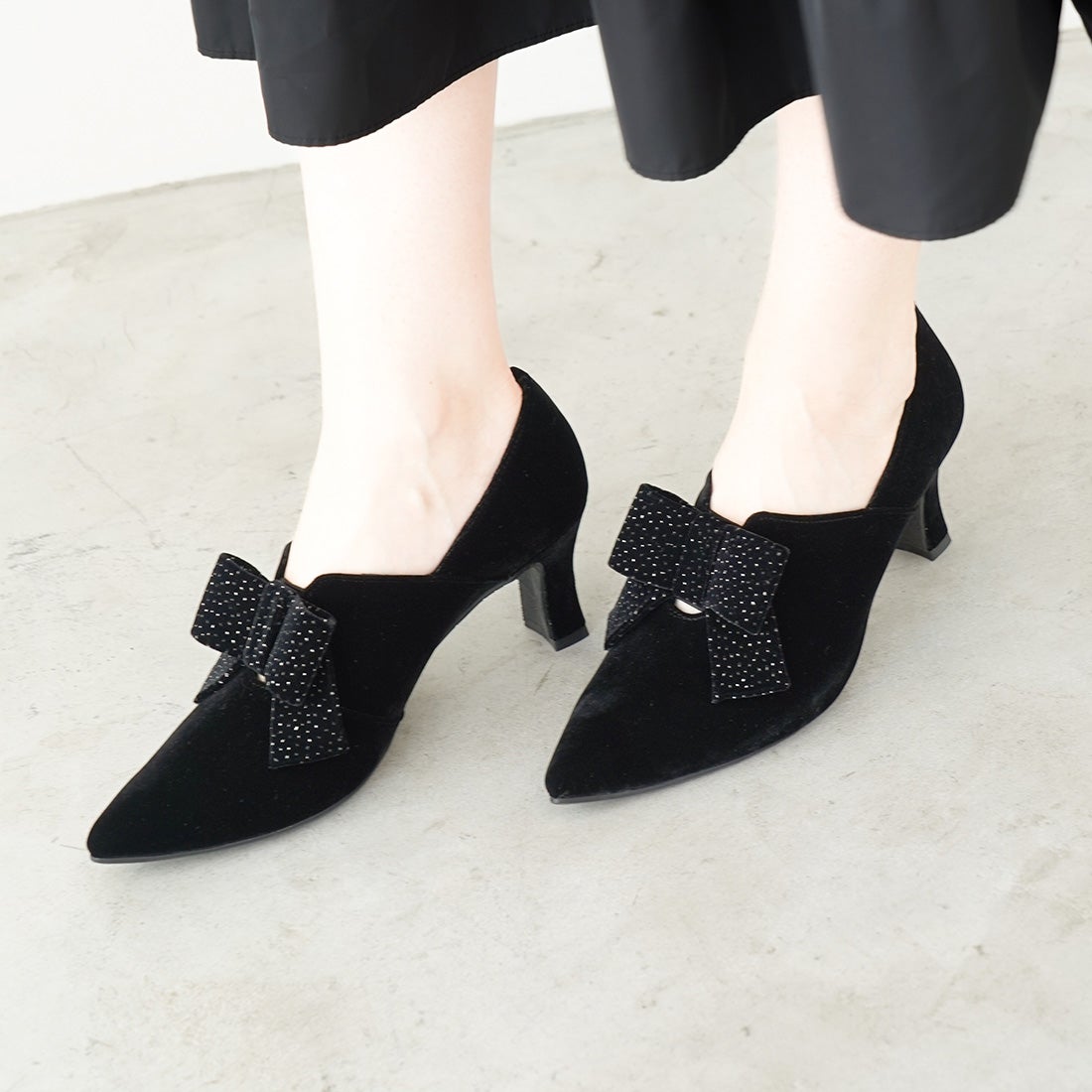 7cmリボンベルベットブーティー(0585） （ブラックZ/C） -レディース