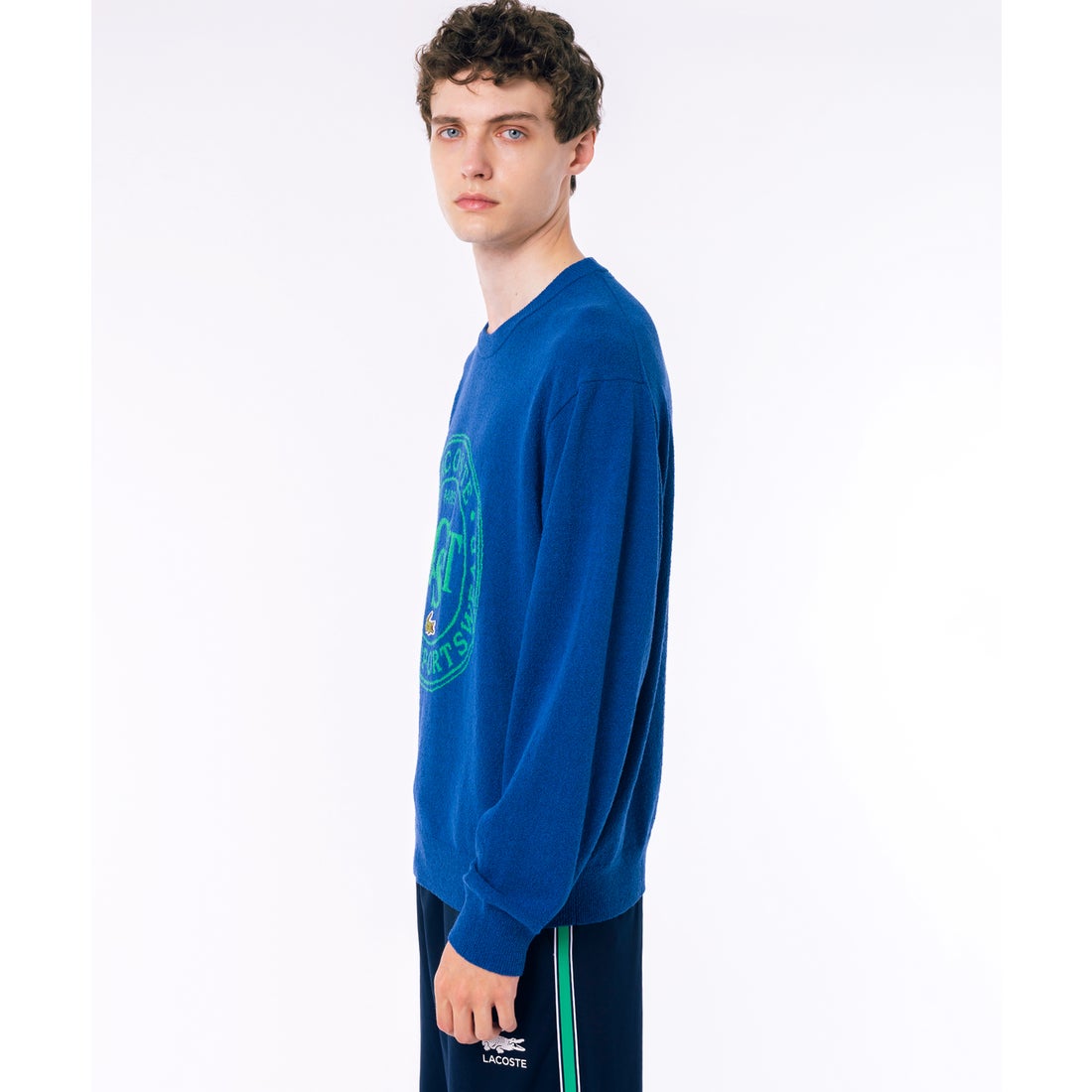 ラコステ LACOSTE ナイロン×コットンジャカードニットセーター（ブルー