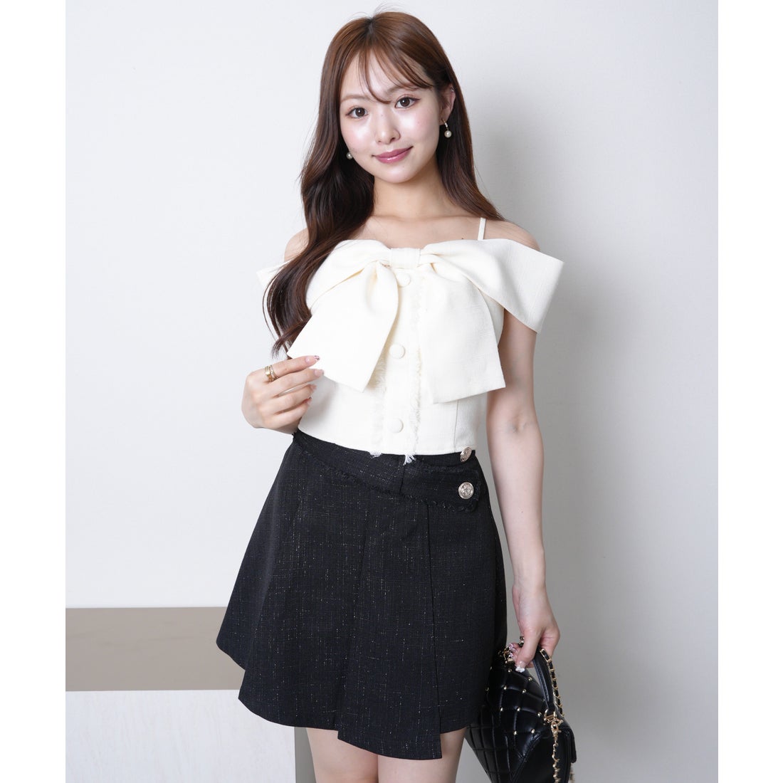 リップサービス LIP SERVICE ツイードリボンオフショルトップス