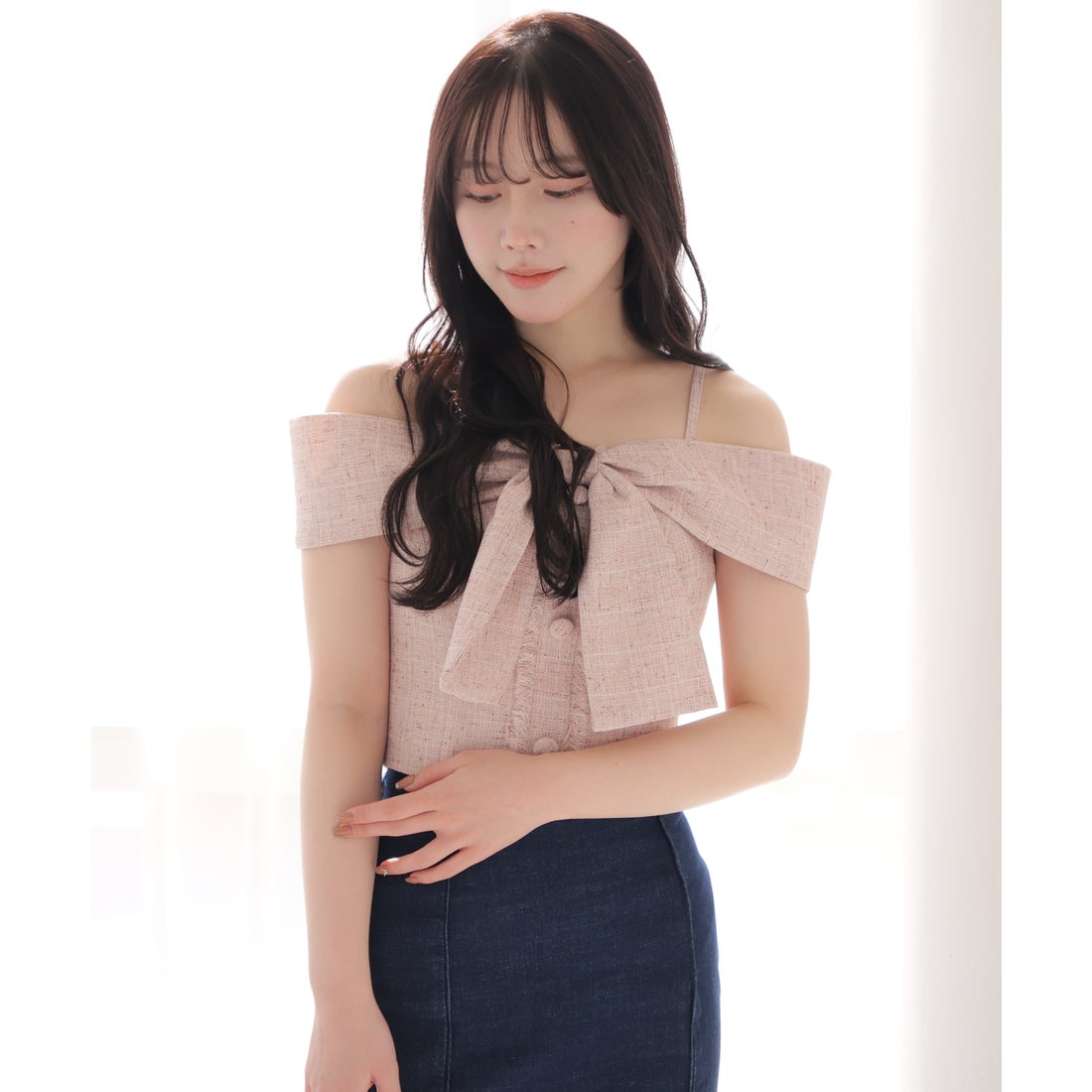 リップサービス LIP SERVICE ツイードリボンオフショルトップス