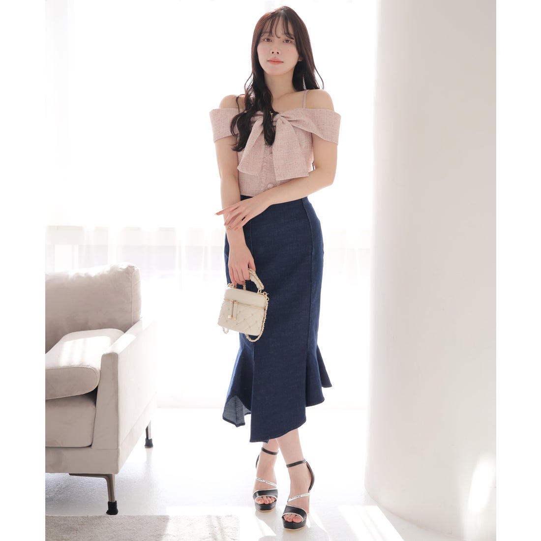 リップサービス LIP SERVICE ツイードリボンオフショルトップス