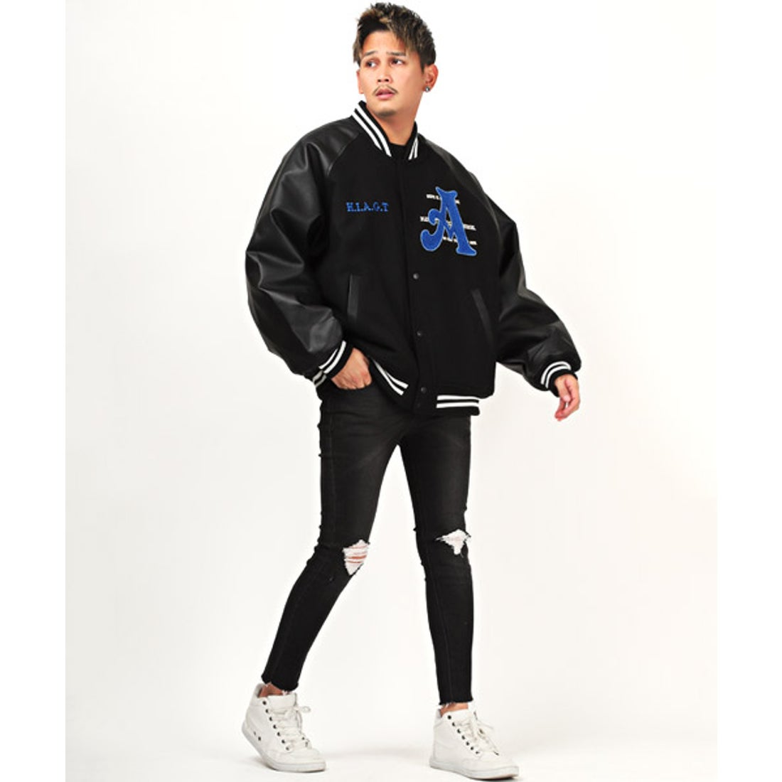 ラグスタイル LUXSTYLE サガラ刺繍メルトン合皮ラグランスタジャン