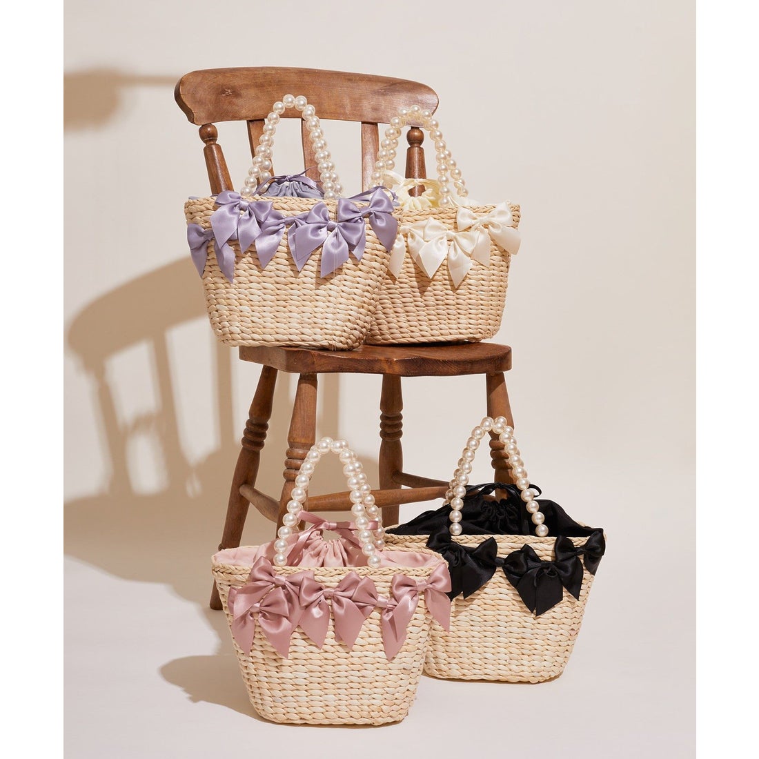 メゾン ド フルール Maison de FLEUR パールハンドルメイズリボンカゴ