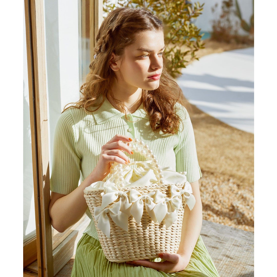 メゾン ド フルール Maison de FLEUR パールハンドルメイズリボンカゴ