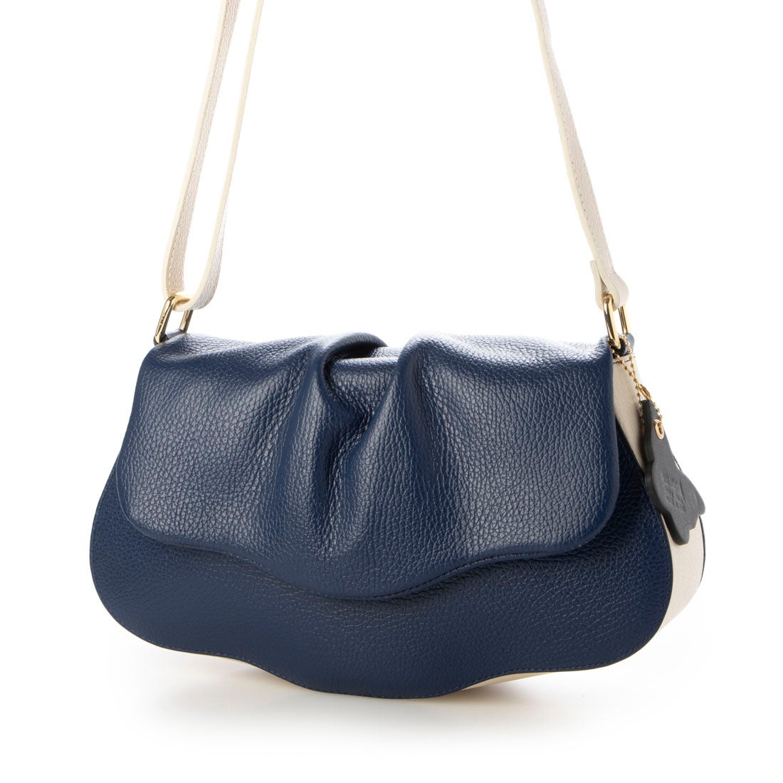 スカイブルー牛革ショルダーバッグ 編み込みハンドル