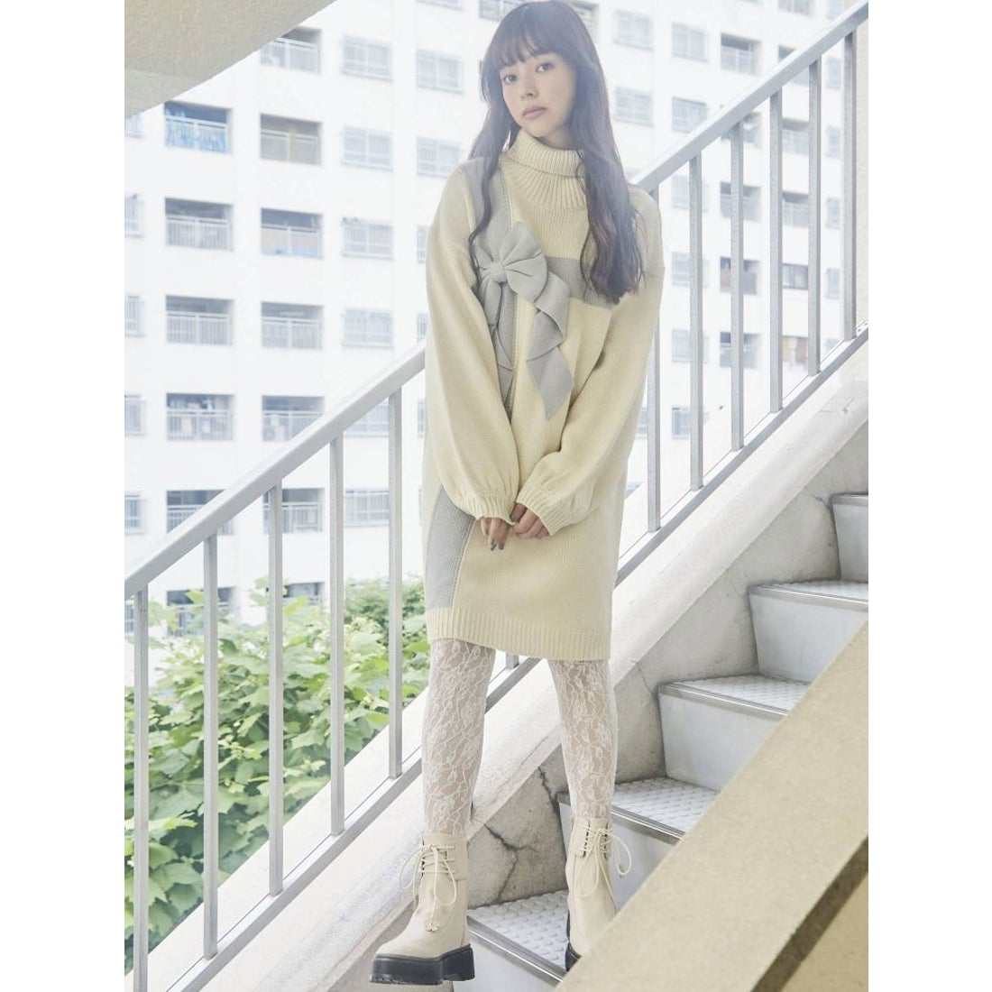 merry jenny プレゼントリボンタートルニットワンピース（ブルー