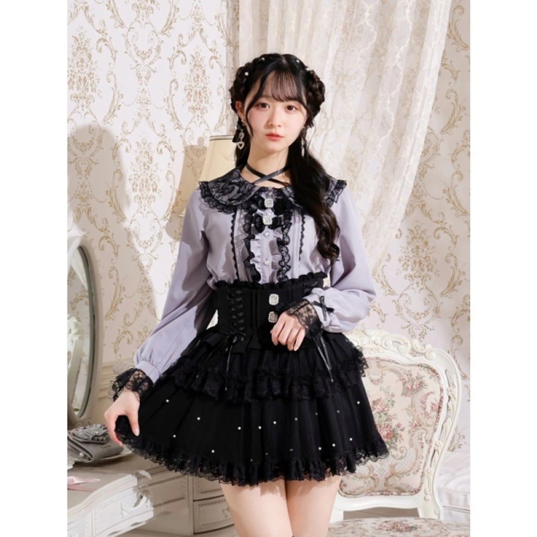 ノエミー NOEMIE チョーカーネックリボンブラウス （青） -靴