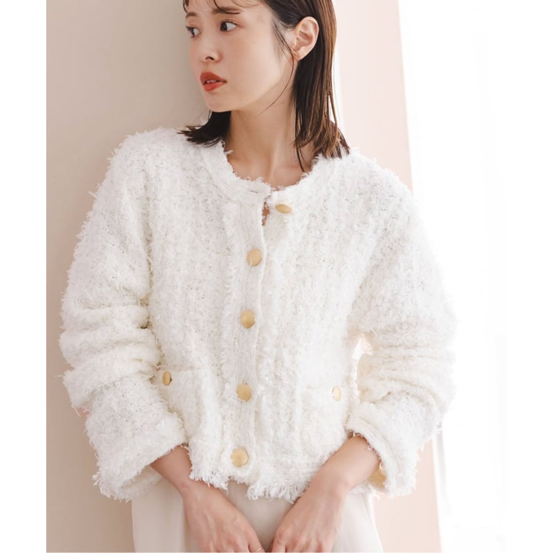 ノーブル NOBLE ツイードニットカーディガン （ホワイト